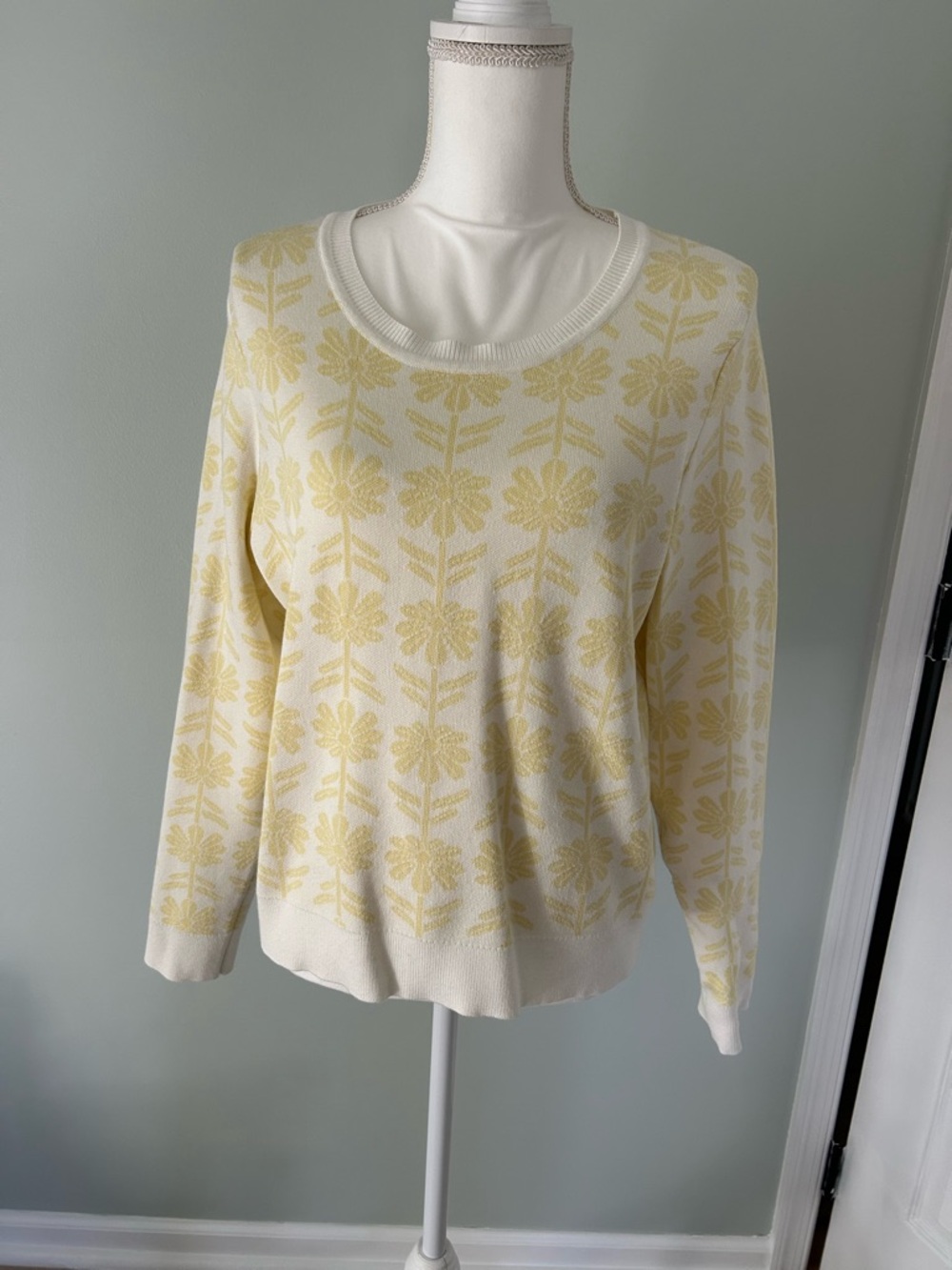 Adrianna Papell Cream Sweater with Pale Yellow Floral Jacquard
